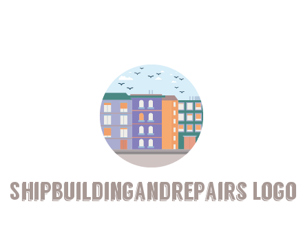 buildings with birds in circle frame