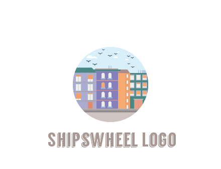 buildings with birds in circle frame