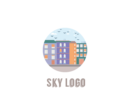 buildings with birds in circle frame