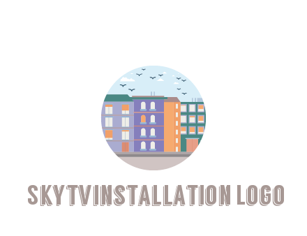 buildings with birds in circle frame