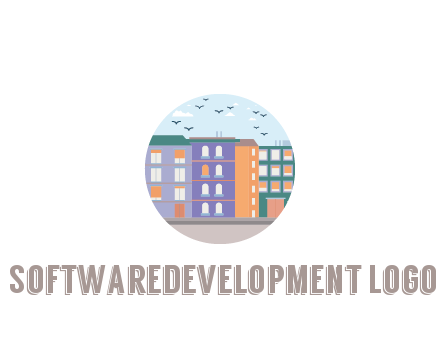 buildings with birds in circle frame