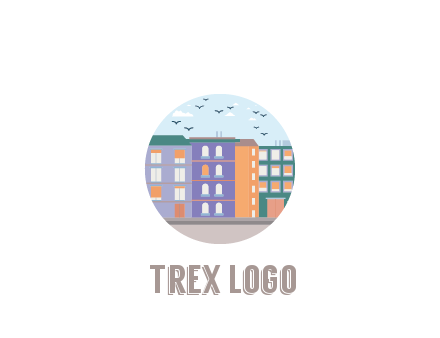 buildings with birds in circle frame