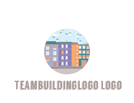 buildings with birds in circle frame