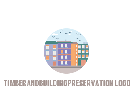 buildings with birds in circle frame