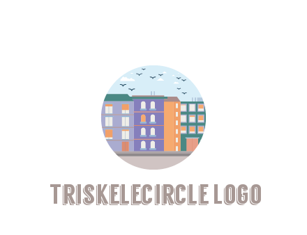 buildings with birds in circle frame