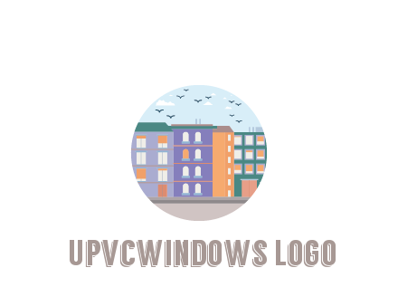 buildings with birds in circle frame