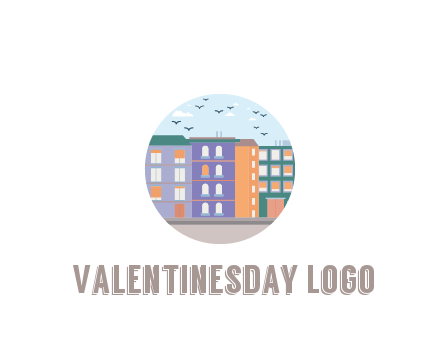 buildings with birds in circle frame