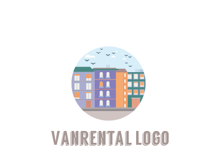 buildings with birds in circle frame
