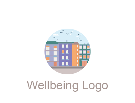 buildings with birds in circle frame