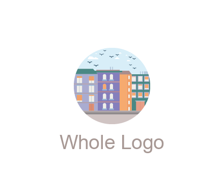 buildings with birds in circle frame