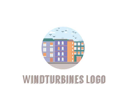buildings with birds in circle frame