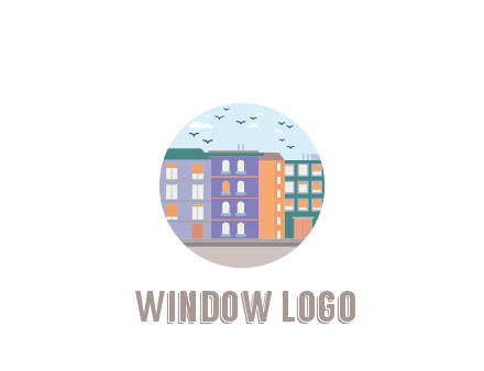 buildings with birds in circle frame