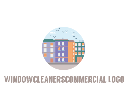 buildings with birds in circle frame