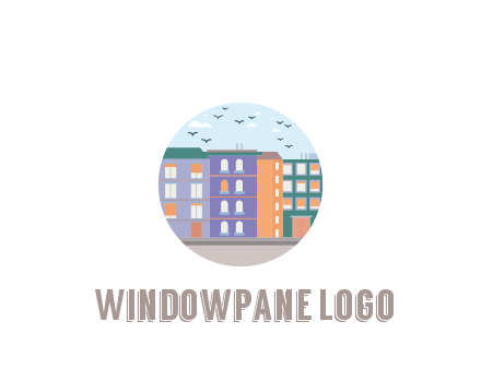 buildings with birds in circle frame