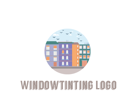buildings with birds in circle frame
