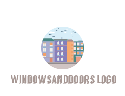 buildings with birds in circle frame