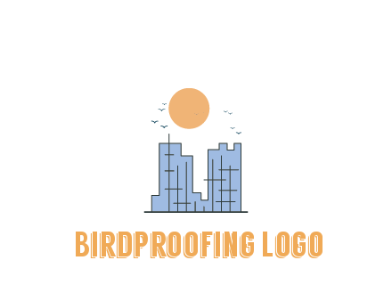 line art constructed building with sun and birds