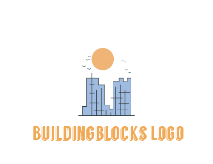 line art constructed building with sun and birds