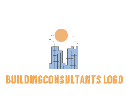 line art constructed building with sun and birds