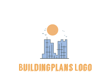 line art constructed building with sun and birds