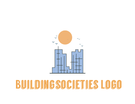 line art constructed building with sun and birds