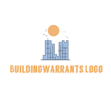line art constructed building with sun and birds
