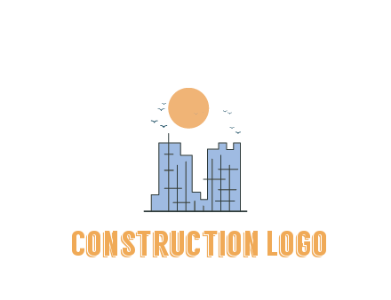 line art constructed building with sun and birds