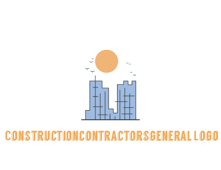 line art constructed building with sun and birds