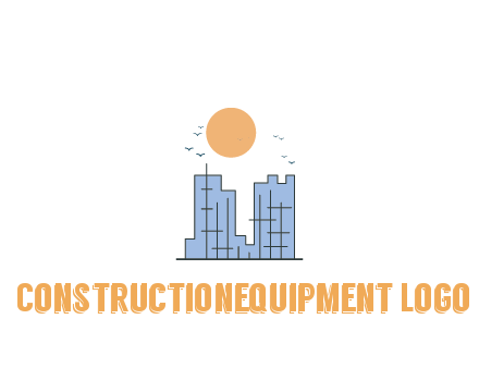 line art constructed building with sun and birds
