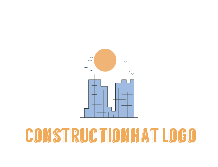 line art constructed building with sun and birds