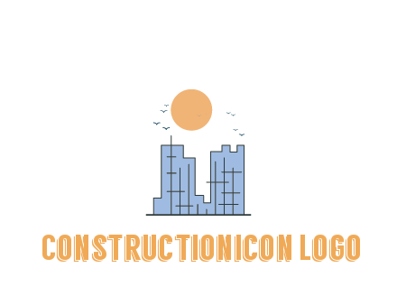 line art constructed building with sun and birds