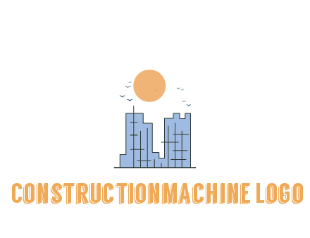 line art constructed building with sun and birds