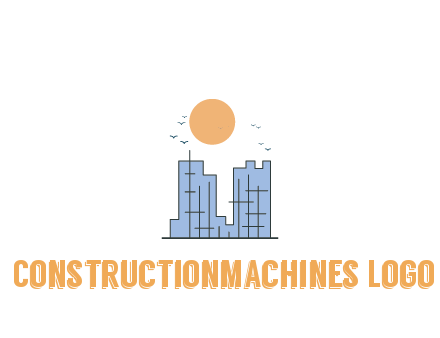 line art constructed building with sun and birds
