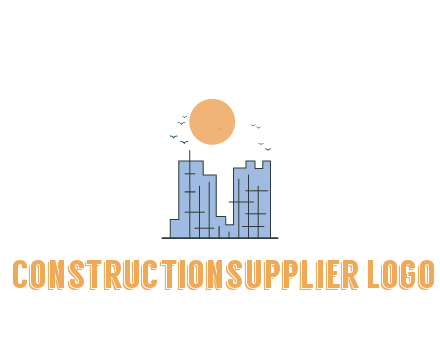 line art constructed building with sun and birds