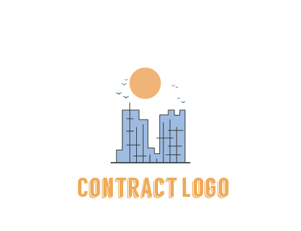 line art constructed building with sun and birds