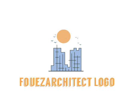 line art constructed building with sun and birds