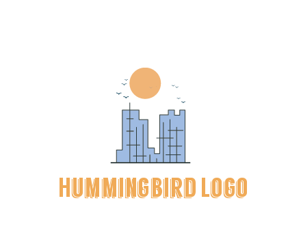 line art constructed building with sun and birds
