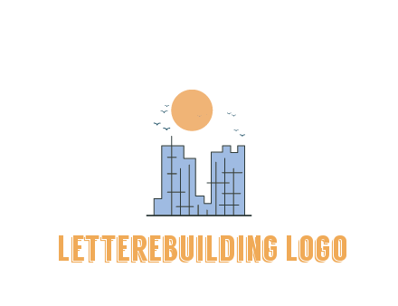 line art constructed building with sun and birds