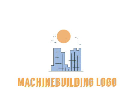 line art constructed building with sun and birds