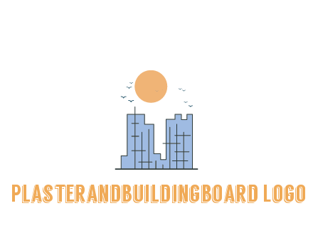 line art constructed building with sun and birds