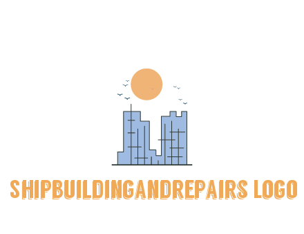 line art constructed building with sun and birds