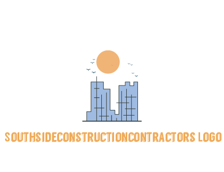line art constructed building with sun and birds