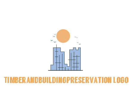 line art constructed building with sun and birds