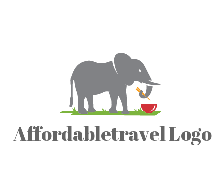 elephant holding chopsticks with grass and bowl