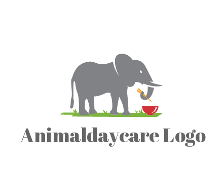 elephant holding chopsticks with grass and bowl