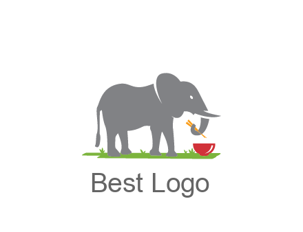 elephant holding chopsticks with grass and bowl