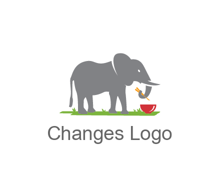 elephant holding chopsticks with grass and bowl
