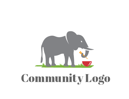 elephant holding chopsticks with grass and bowl