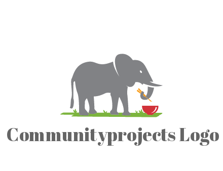 elephant holding chopsticks with grass and bowl