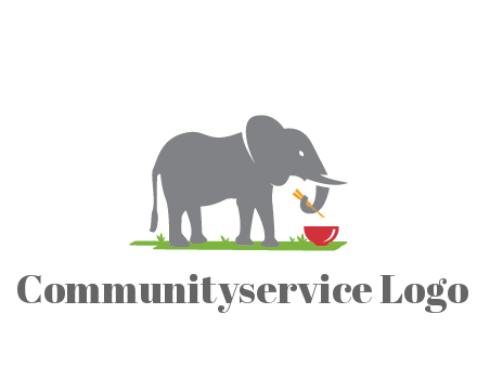 elephant holding chopsticks with grass and bowl